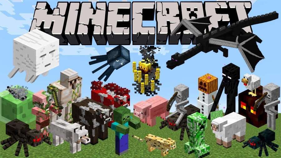 Minecraft game characters including zombies creepers and the Ender Dragon in pixelated block style. — Minecraft Mobs Background