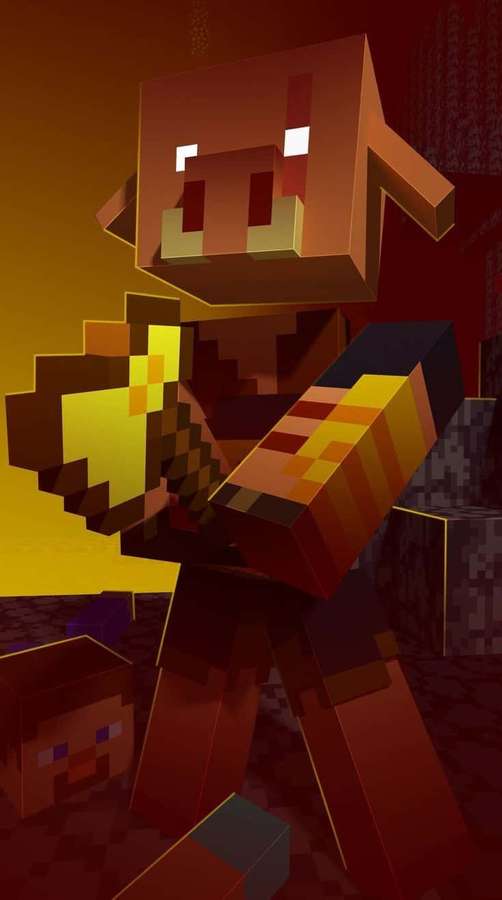 A Minecraft pig holding a golden apple in a pixelated game scene. — Minecraft Nether Background