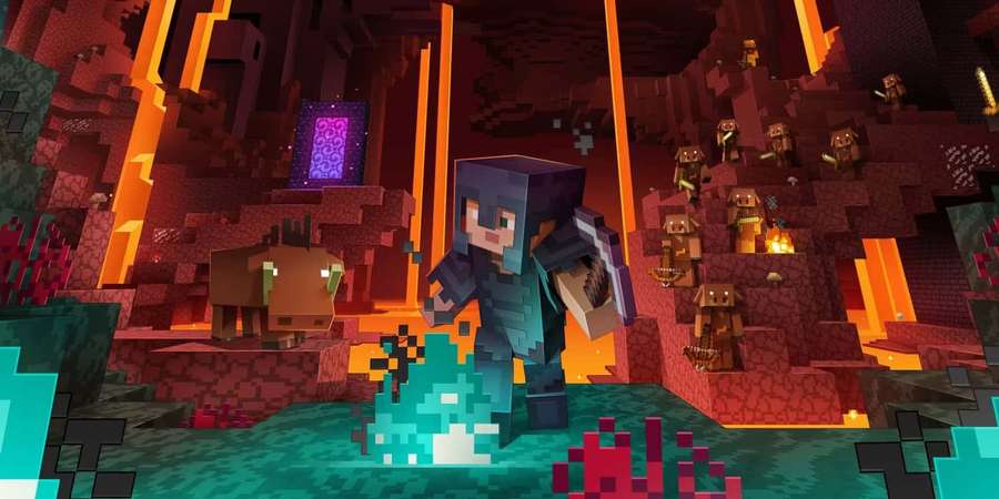 Minecraft-spiller i nether-fæstning med skjold, mobs og lava omkring. — Minecraft Nether Wallpapers