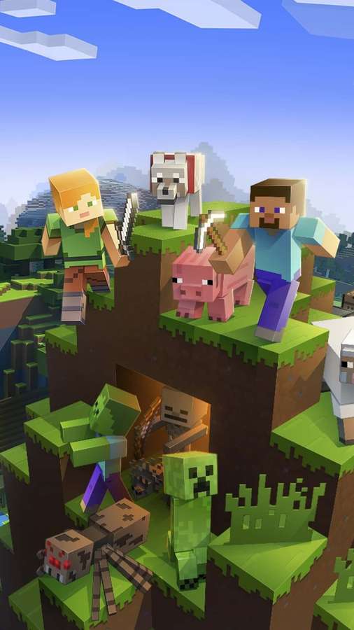 Minecraft players and mobs on floating islands in a bright pixelated world. — Minecraft Phone Background