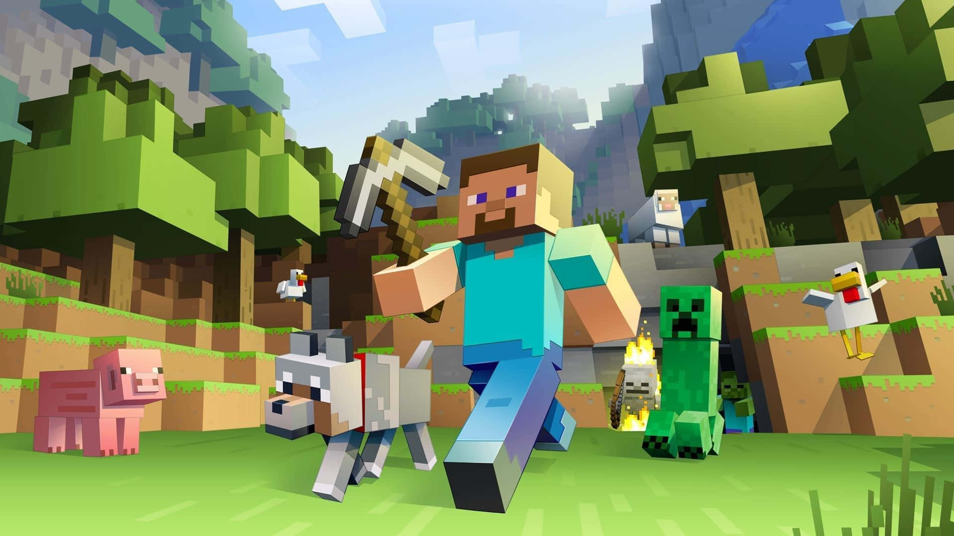 Personaggio di Minecraft con animali e creeper in foresta a blocchi — Minecraft Sfondi