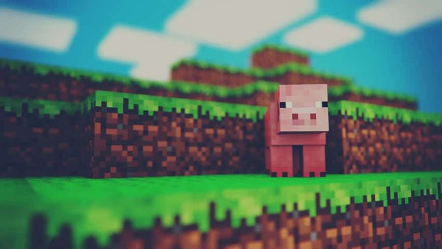Vaaleanpunainen pikselöity sika vihreillä ruohopaloilla Minecraft-pelimaailmassa. — Minecraft Sika Taustakuvat