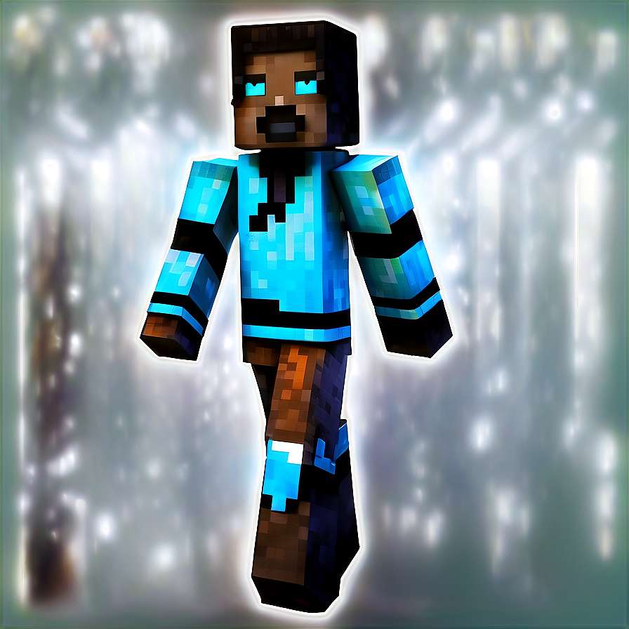 Minecraft character in blue armor with glowing eyes against a sparkling background — Minecraft Skins PNG