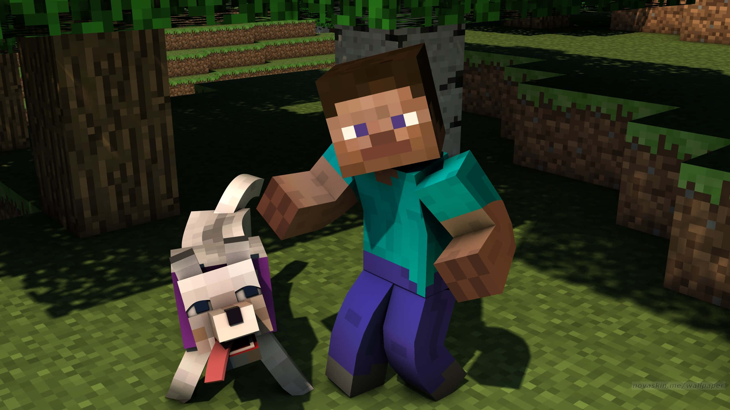 Minecraft character petting a dog in a pixelated forest. — Minecraft Steve Background