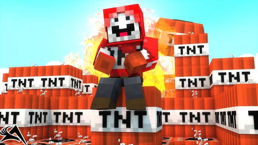 Mario pixelado de pie sobre bloques de TNT con explosión detrás de él. — Minecraft Tnt Fondos de pantalla