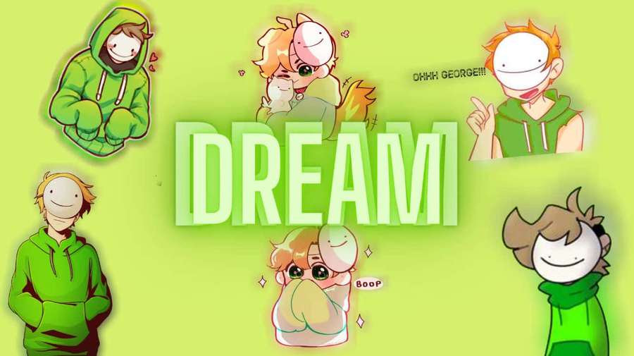 Anime characters in green hoodies around the word DREAM. — Minecraft Twitch Streamers Wallpaper