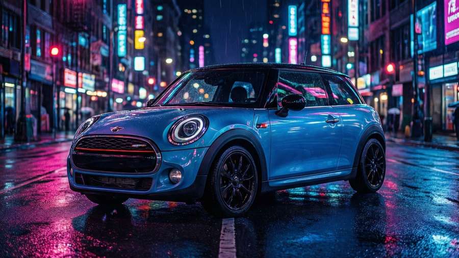 Mini Paceman in a neon-lit city at night, vibrant reflections — Mini Paceman Picture