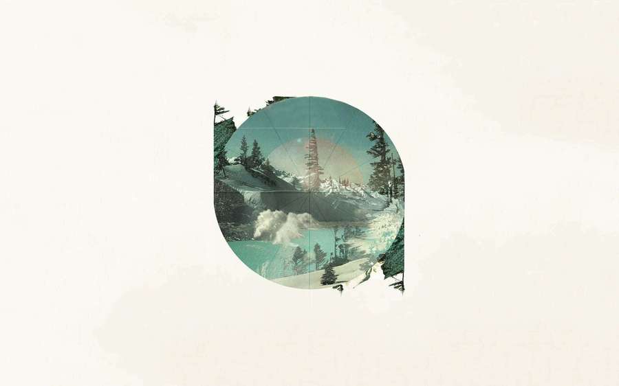 Circular window framing a snowy mountain scene with pine trees and mist. — Minimal Art Wallpaper