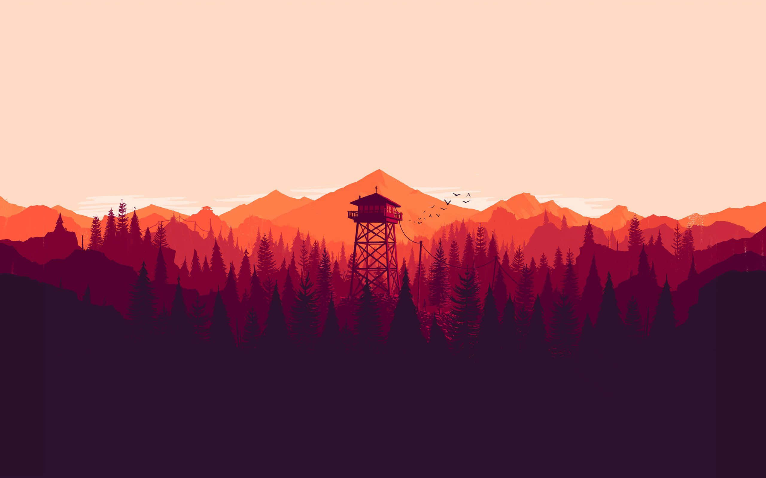 Brandudkigstårn i skov ved solnedgang med bjerge og flyvende fugle — Minimalist Wallpapers