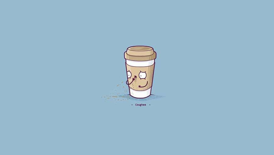 A cartoon coffee cup with a tired face spilling coffee grounds. — Minimalist Coffee Wallpaper