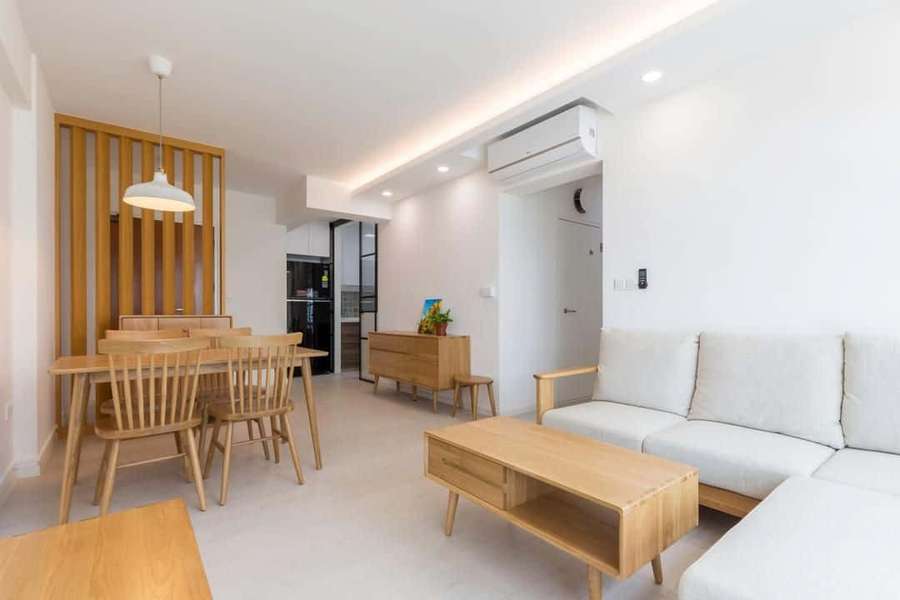 Minimalist modern living room and dining area with light wood furniture and white walls. — Minimalist Design Wallpaper
