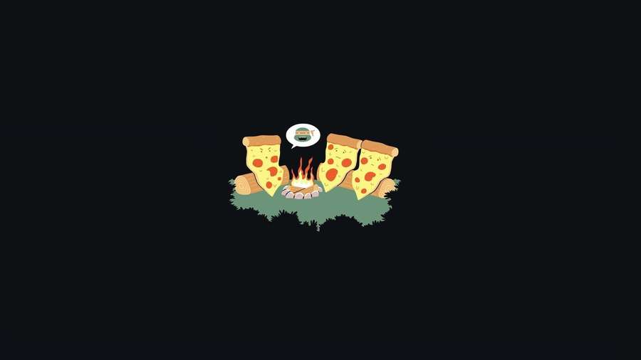 Three smiling pizza slices gathered around a campfire on grass at night. — Minimalist Funny Wallpaper