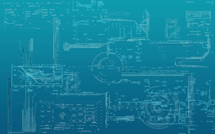 Futuristic tech blueprint with schematics and circular interfaces on teal background. — Minimalist Technology Background