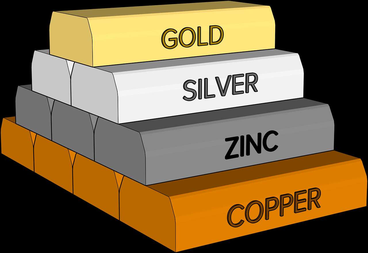Stack of cartoon metal bars labeled gold silver zinc and copper. — Mining PNG