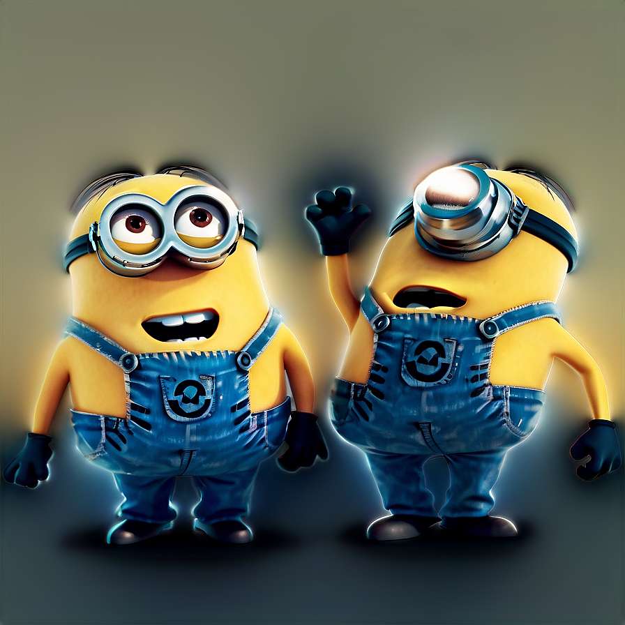 Two animated Minions in blue overalls and goggles one waving with glowing effect. — Minions PNG