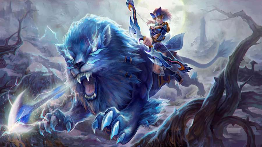 Warrior riding a glowing blue lion through a stormy forest. — Mirana Wallpaper