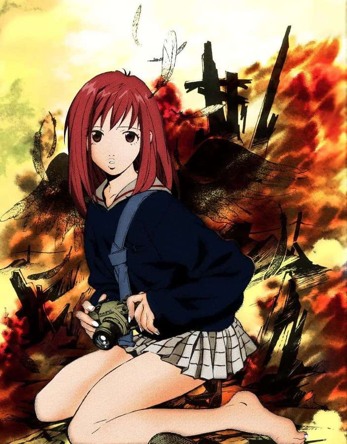 Anime girl with red hair holding camera in fiery war-torn ruins. — Misao Makimachi Wallpaper