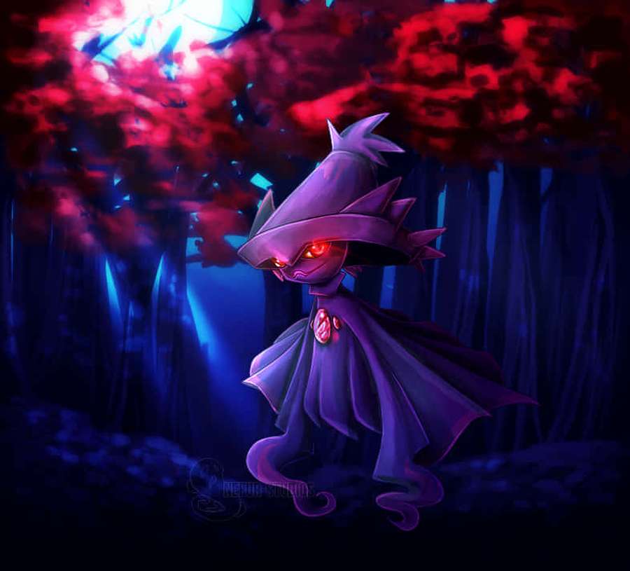 Purple hooded creature with glowing red eyes in a dark forest under a red and blue sky. — Mismagius Wallpaper