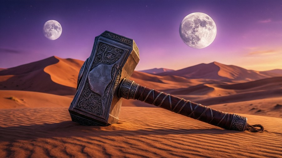 Mjolnir in a surreal desert with two moons and vibrant colors. — Mjolnir Wallpaper