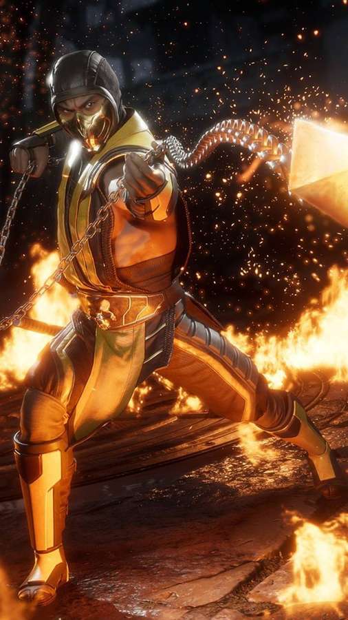 Golden armored warrior wielding chain weapon amidst fiery explosion. — Mk11 Background