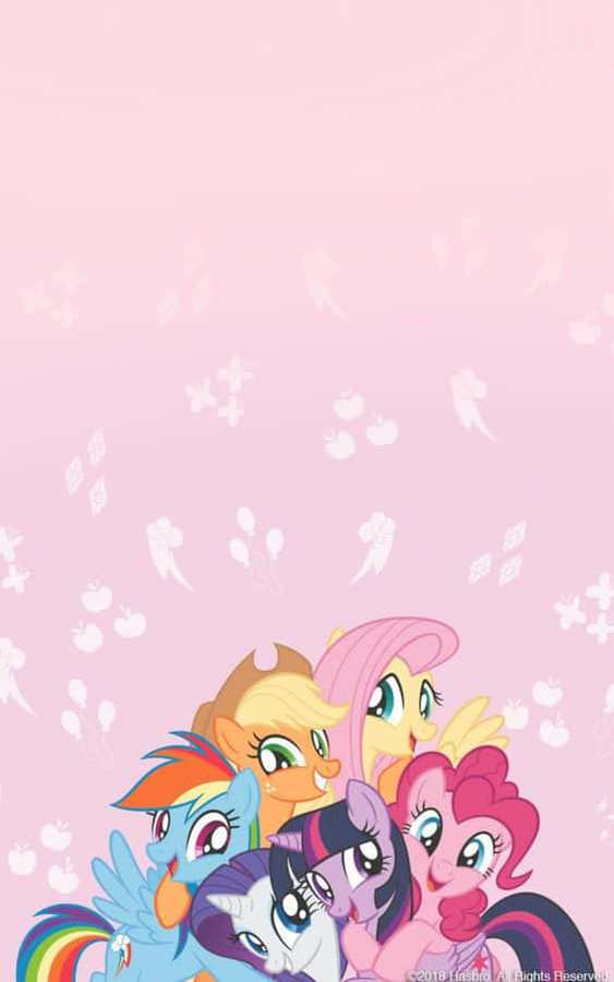Group of five smiling cartoon ponies with floating apples and butterflies on pink background. — Mlp Phone Background