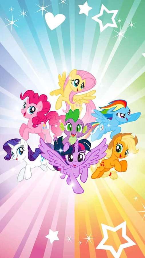 Sechs My Little Pony-Charaktere fliegen in einem Regenbogen mit Sternen und Herzen — Mlp Telefon Wallpaper