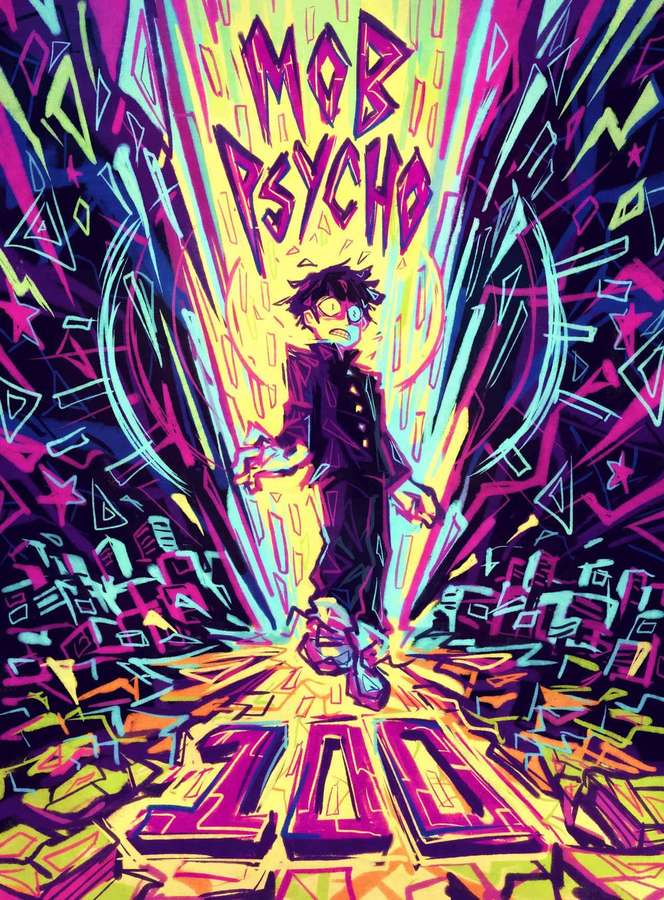 Anime character Mob Psycho surrounded by colorful energy bursts and bold text. — Mob Psycho 100 Background