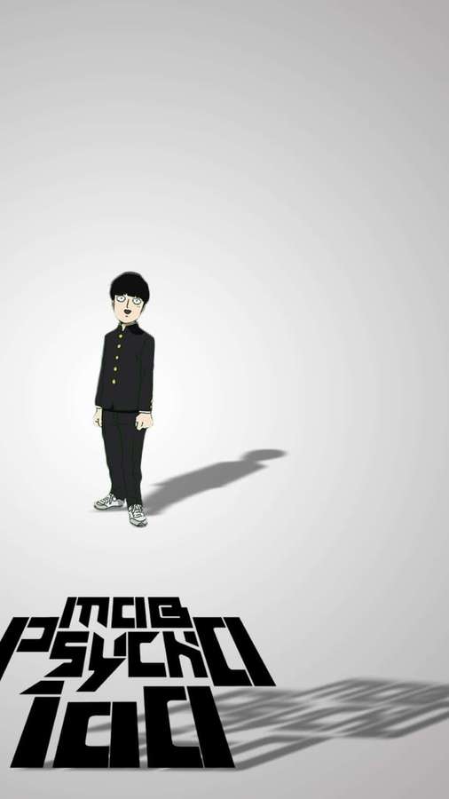 Anime-Figur in schwarzer Uniform mit Brille, die auf schlichtem Hintergrund mit fettem Textschatten steht. — Mob Psycho Bilder