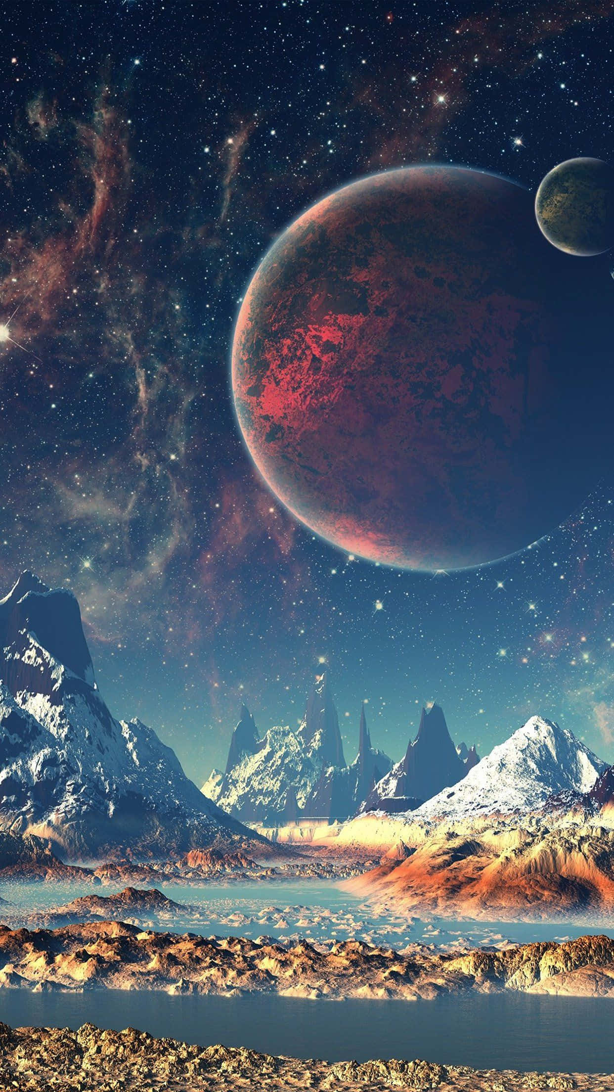 Montagne aliene innevate e lago sotto un pianeta rosso e cielo stellato. — Mobile Sfondi