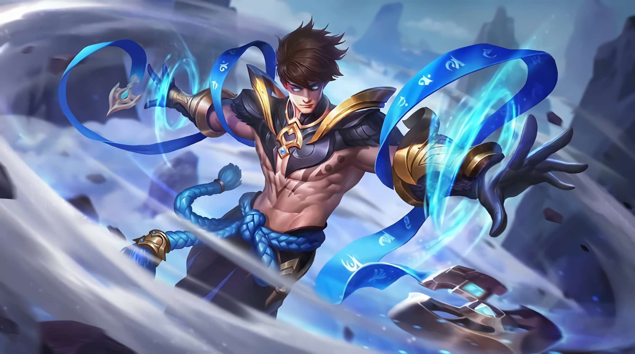 Anime hero wielding glowing blue energy ribbons in a stormy mountain scene. — Mobile Legends Background
