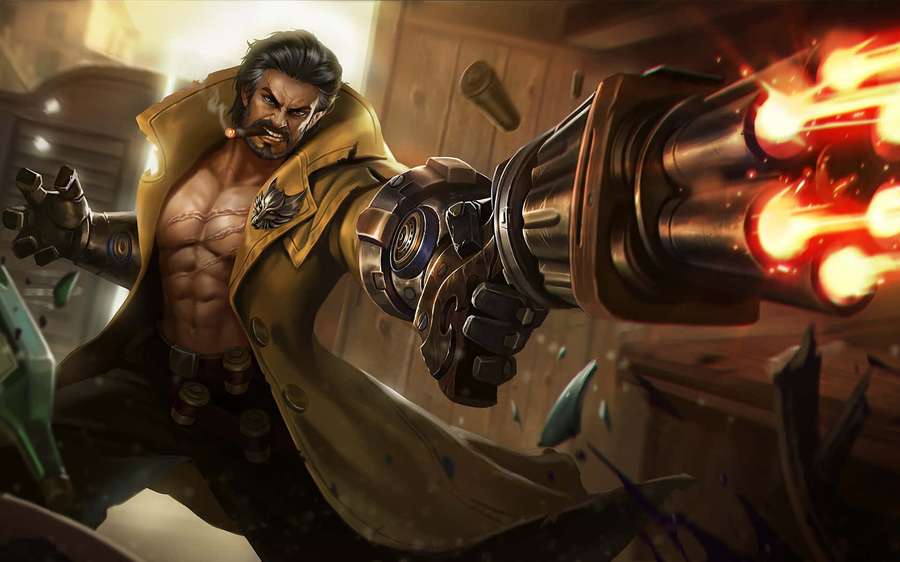 Ein muskulöser Mann in einem gelben Trenchcoat feuert eine große flammende Kanone in einer dunklen Industrieumgebung ab. — Mobile Legends Roger Wallpaper