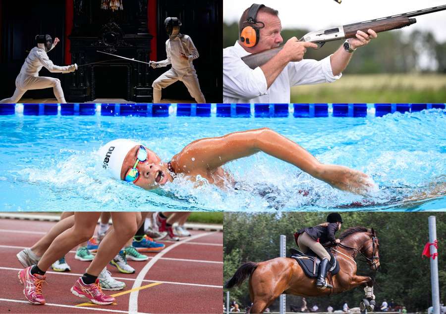 Athletes competing in fencing shooting swimming running and equestrian sports. — Modern Pentathlon Wallpaper
