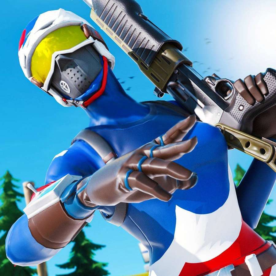 Fortnite character aiming shotgun in sunny outdoor setting with pine trees. — Mogul Master Background