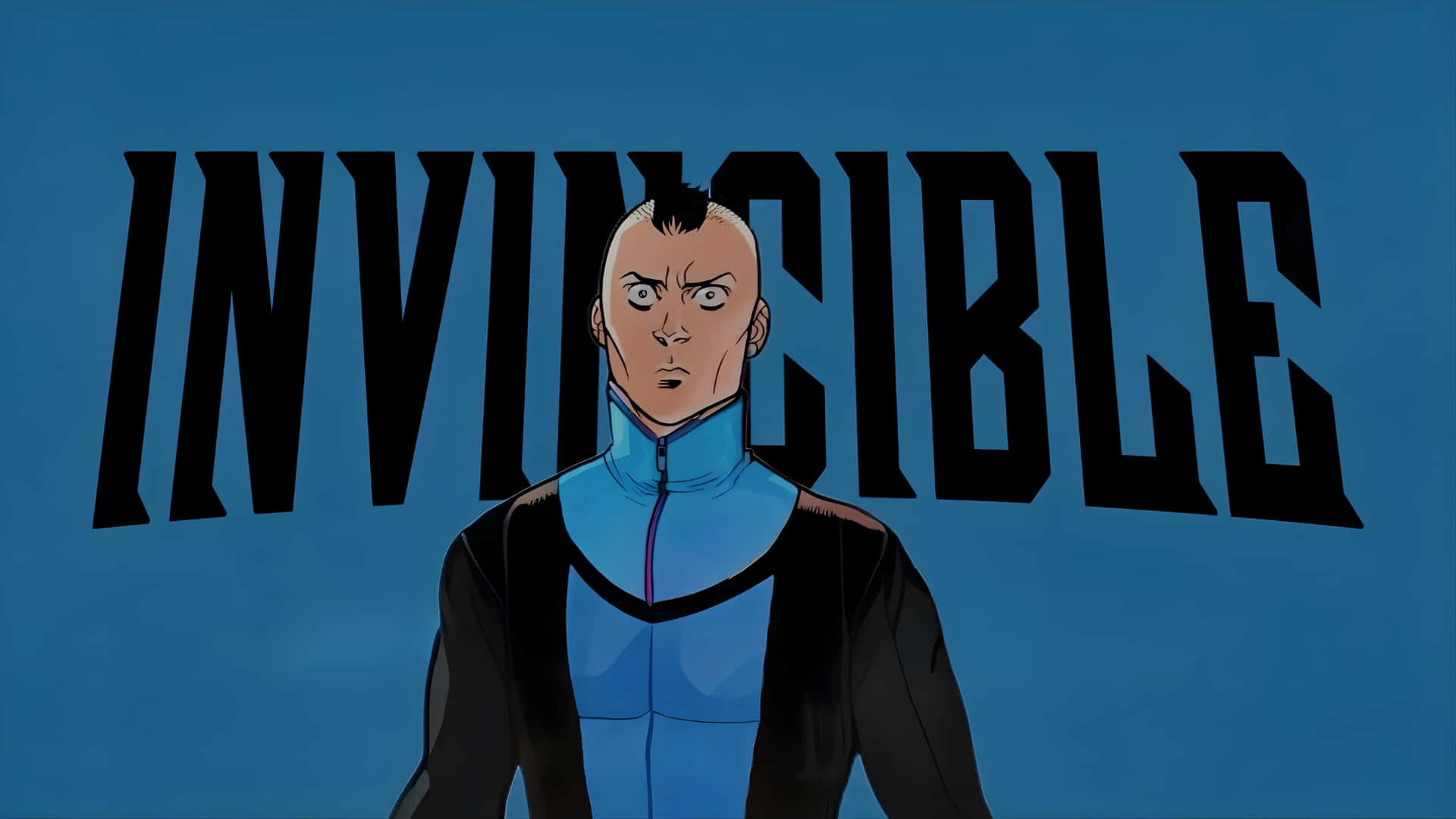Anime superhero with bald head and blue suit under 'INVINCIBLE' text. — Mohawk Mark Wallpaper