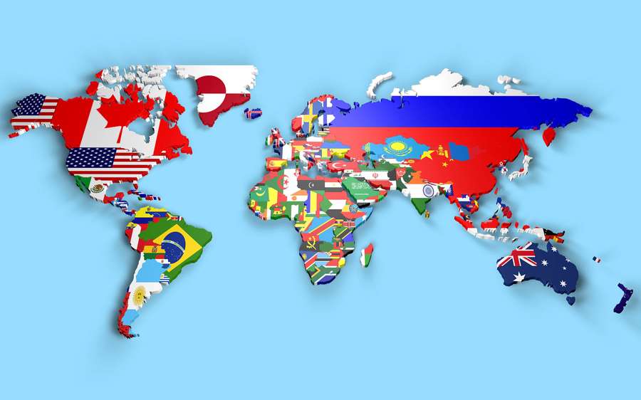 Carte du monde avec des pays colorés par leurs drapeaux nationaux sur un fond bleu. — Monde Fonds d'écran