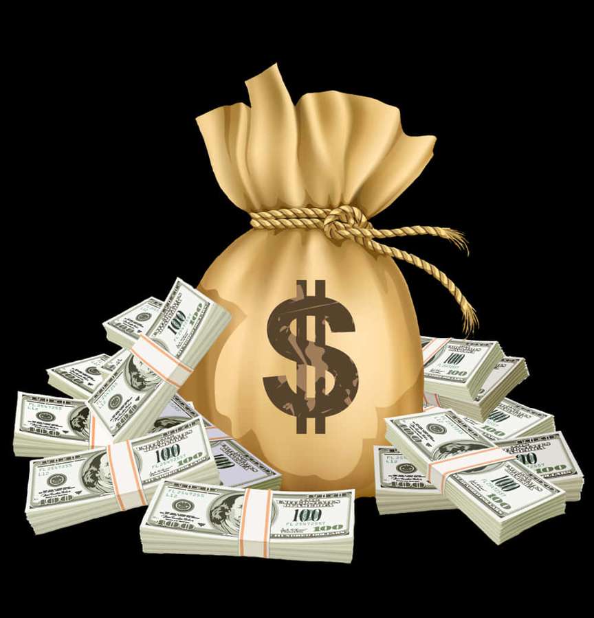 Golden money bag overflowing with hundred-dollar bills. — Money Bag Wallpaper