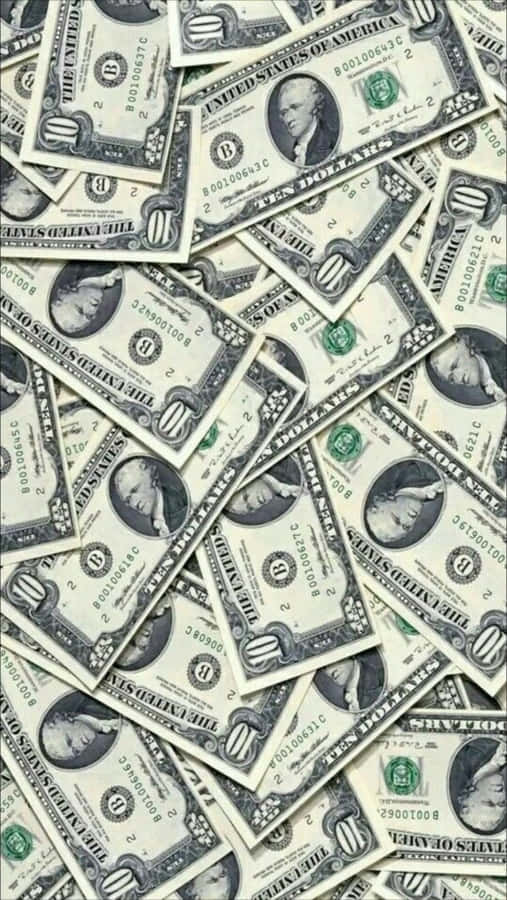 Close-up of scattered ten-dollar bills covering the entire frame. — Money iPhone Wallpaper