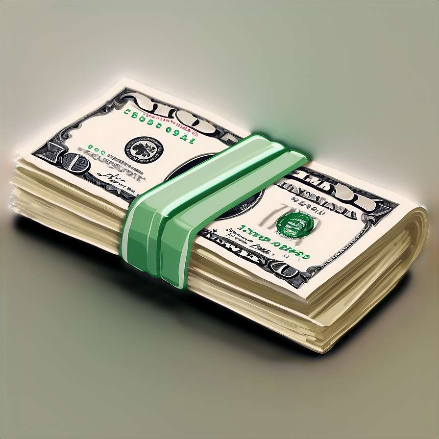 Stack of ten-dollar bills bound with a green band on gray surface. — Money Stack PNG