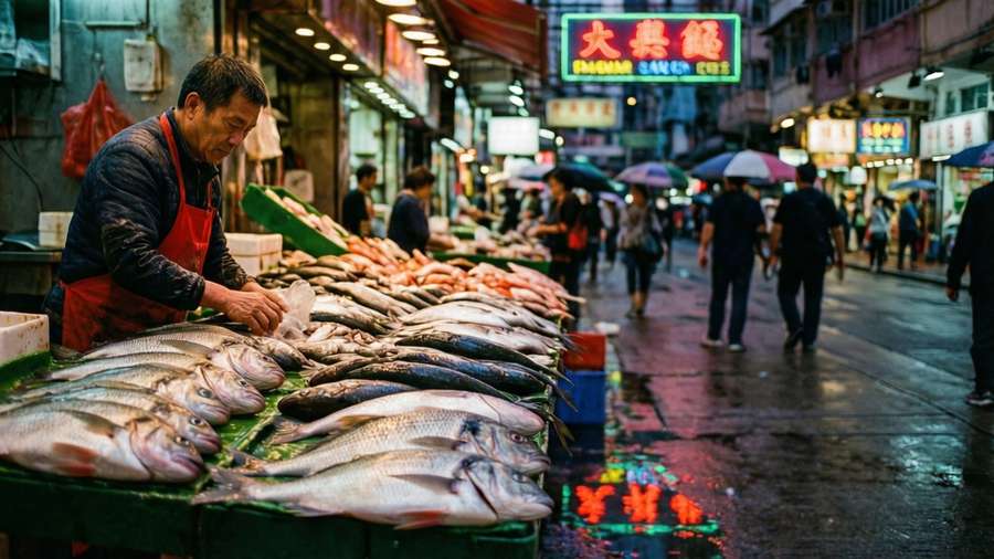 A vivid, colorful scene of a Mong Kok fish market vendor with glowing neon and wet pavement reflections. — Mong Kok Wallpaper