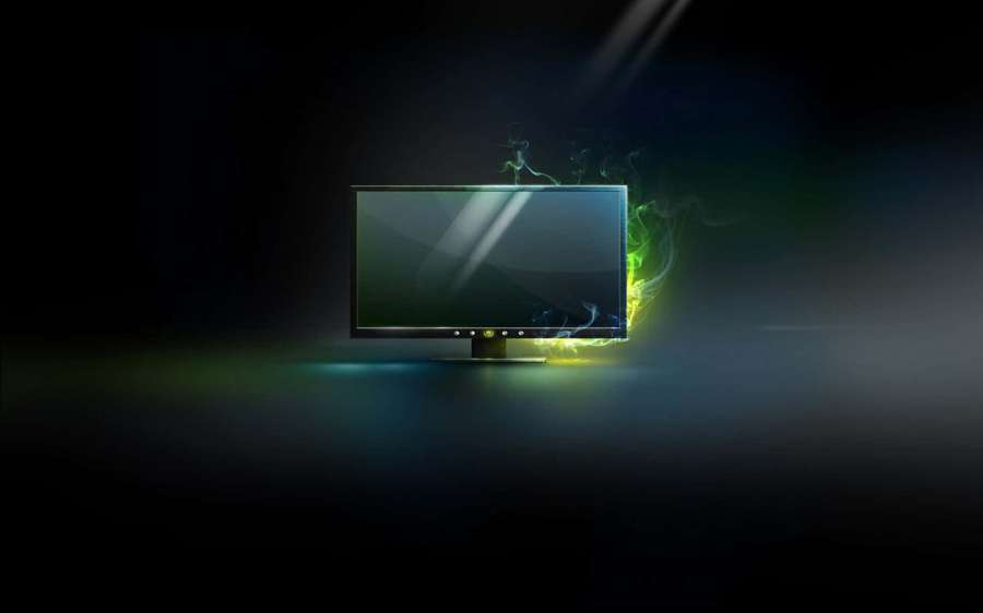 A glowing green monitor with smoke rising in a dark room. — Monitor Background