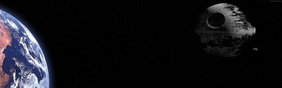 Estrella de la Muerte flotando en el espacio cerca de un planeta azul y blanco. — Monitor Genial Fondos de pantalla