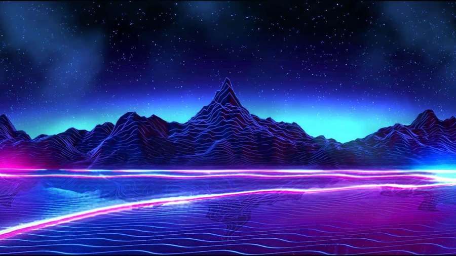 Ondas de neón brillantes se ondulan bajo cielo estrellado sobre picos montañosos digitales — Monitor Oled Fondos de pantalla