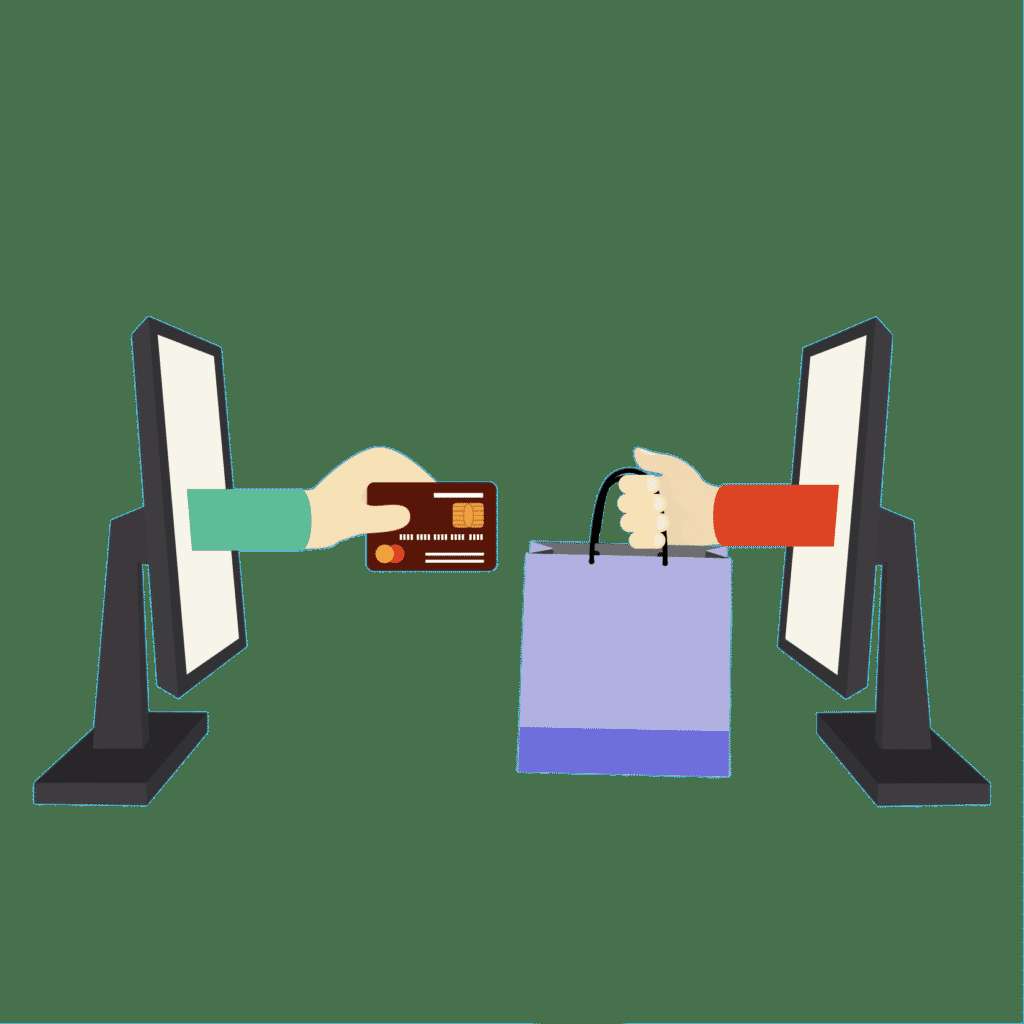 Duas mãos concluem uma compra online com um cartão de crédito e uma sacola de compras. — Monitor Space Dual Papéis de Parede