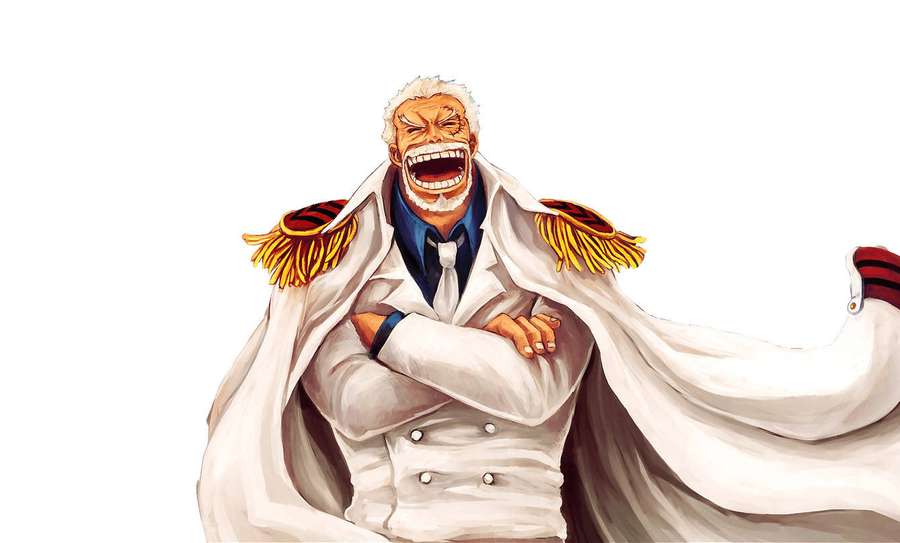 Anime-hahmo, jolla on valkoiset hiukset ja kultaiset epolettit, nauraa valkoisessa takissa. — Monkey D Garp Taustakuvat