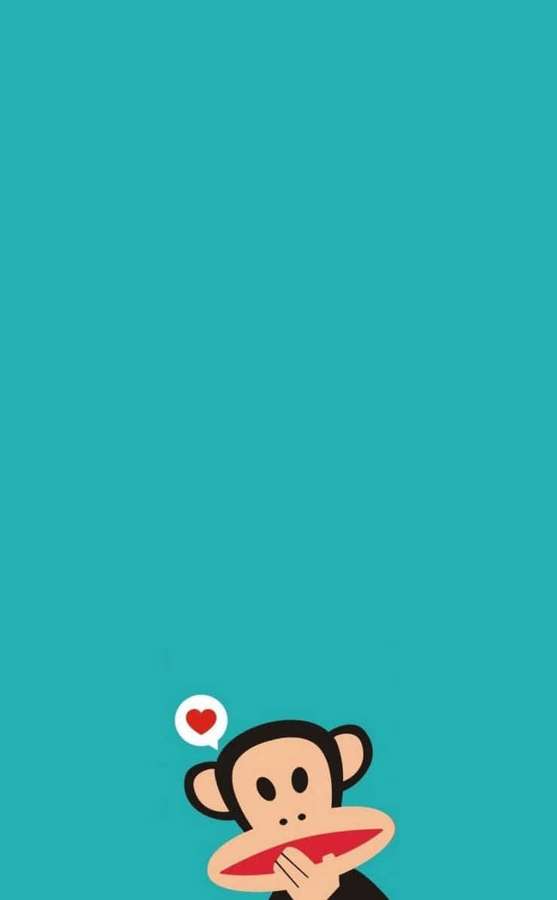 A cartoon monkey with a heart speech bubble against a teal background. — Monkey iPhone Wallpaper