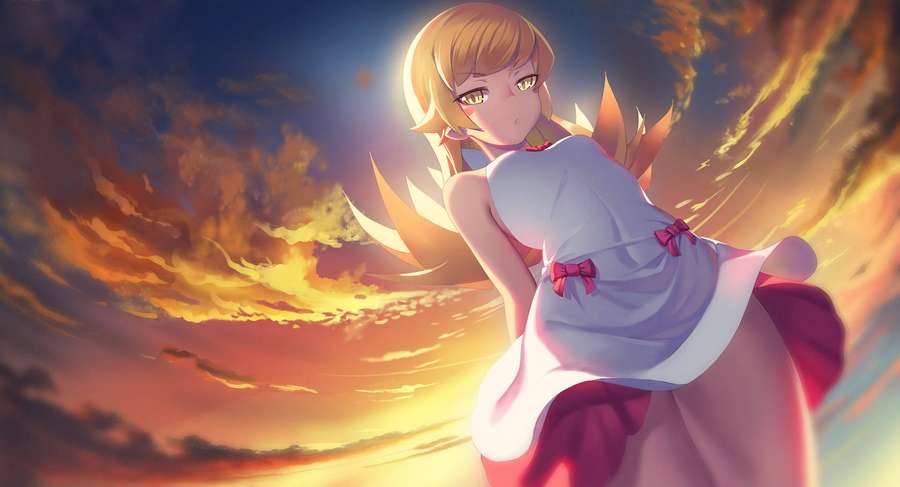Anime girl with glowing wings against a fiery sunset sky. — Monogatari Picture