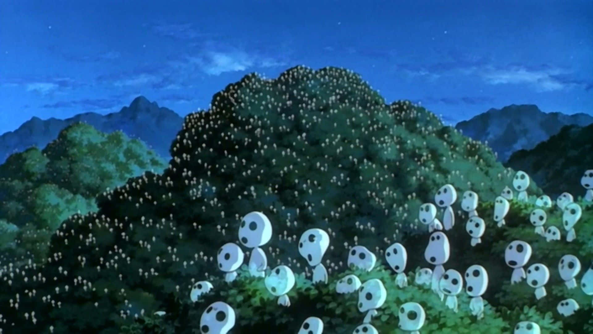 Leuchtende geisterhafte Figuren erheben sich von einem bewaldeten Hügel unter einem sternenklaren Nachthimmel. — Mononoke Hintergrundbild
