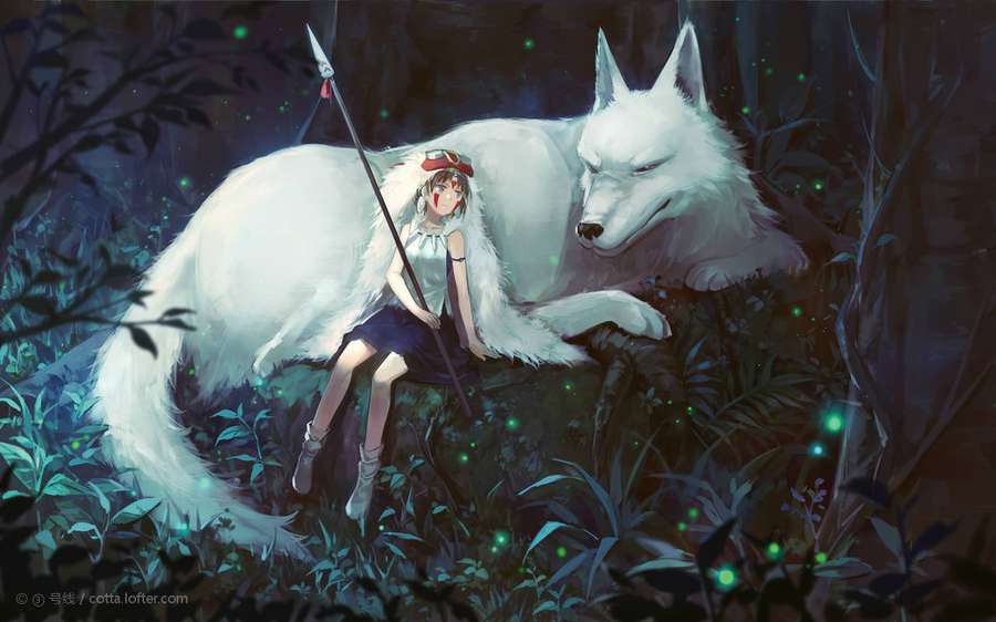 Ragazza con lancia accanto a lupo bianco nella foresta luminosa di notte — Mononoke Sfondi