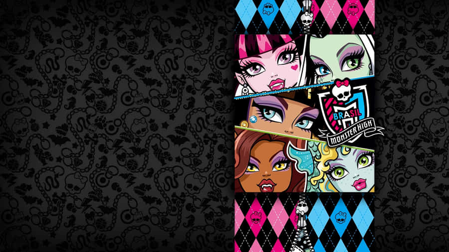 Monster High -hahmoja rohkealla meikillä ja värikkäillä hiuksilla tummaa kallokuviota vasten. — Monster High Taustakuvat
