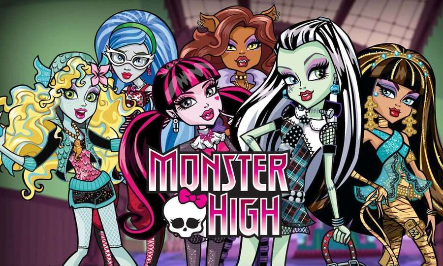 Seks Monster High-karakterer i gotisk mote poserer med logoen. — Monster High Bakgrunner